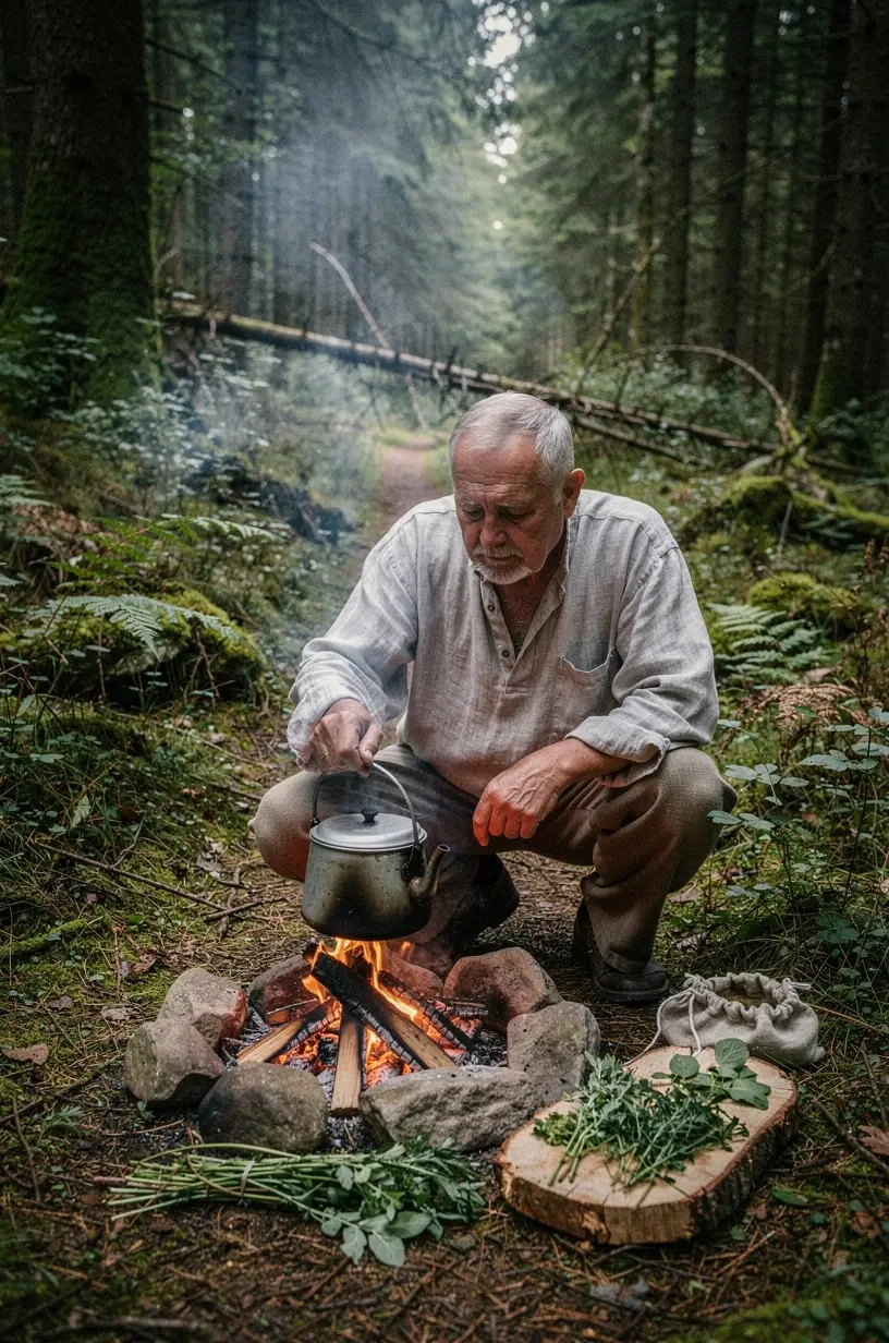 Rankos laiko žalią arbatą, fone matyti natūralūs augalai, simbolizuojantys sveikatingumo ir atsipalaidavimo sąjungą.